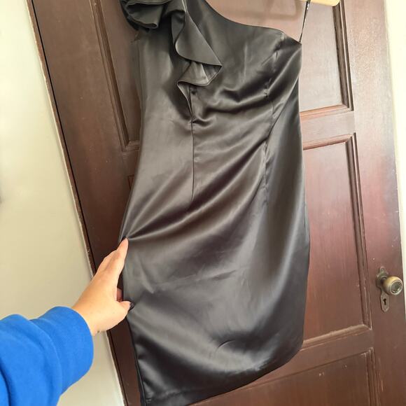 BARDOT | Black Satin One Shoulder Ruffle Sleeve Mini Cocktail Dress LBD | Size 6 - Picture 6 of 10